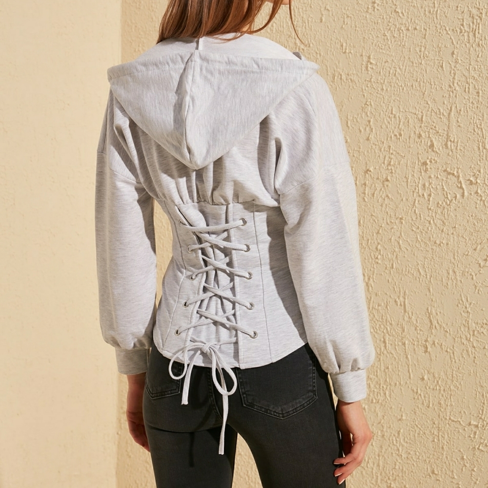 Gray tie detail hooded sweatshirt - Picture 2 of 8
